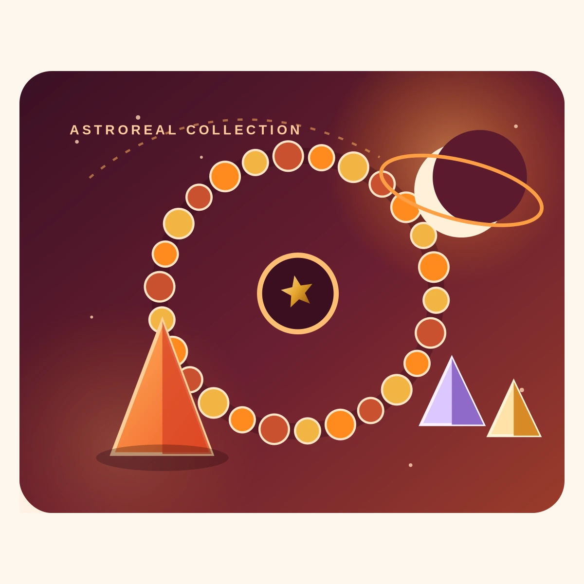 Orange cosmic scene with spiritual jewellery and crystals